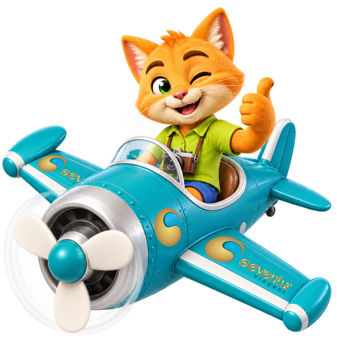 Mascote gato viajante da Seventur em seu avião